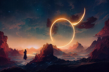 Wall Mural - abstract fantasy neon space landscape. star nebulae, month and moon, mountains, fog. unreal fantasy 