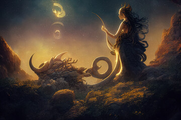 Wall Mural - abstract fantasy neon space landscape. star nebulae, month and moon, mountains, fog. unreal fantasy 