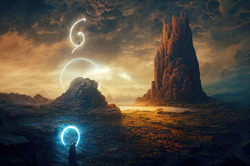 Wall Mural - abstract fantasy neon space landscape. star nebulae, month and moon, mountains, fog. unreal fantasy 