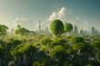 Environment Friendly Green Utopia Futuristic City Skyline 3D Art Illustration. Sustainable Buildings in Green Ecology Metropolis Background. Environmental Protection Concept AI Generated Art Wallpaper