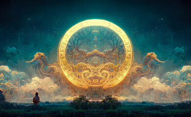 Wall Mural - abstract fantasy neon space landscape. star nebulae, month and moon, mountains, fog. unreal fantasy 