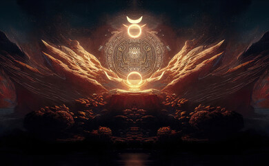 Wall Mural - abstract fantasy neon space landscape. star nebulae, month and moon, mountains, fog. unreal fantasy 
