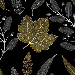 Wall Mural - seamless pattern with gold and silver leaves.vector illustration.
