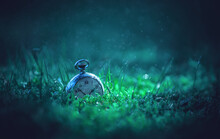 A Pocket Watch Sticks Out Of The Ground. Mechanical Watches In A Blue Fairy Light. Lost Time.A Mystical Photo With A Clock.