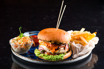 Poster - Classic burger set with potatoes and sauce, Set of burgers with french fries and ketchup sauce. Big hamburgers and french fries