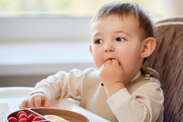 Wall Mural - Happy toddler baby eats fruits and berries sitting on a high children chair. A child at the window with a beige plate of food. Kid aged one year and two months