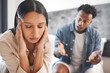 Couple fight, divorce stress and sad about mental health depression, anxiety from fear and tired of marriage problem in bedroom of home. Woman with headache in conflict with angry man in house