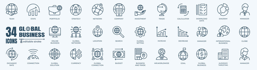 Global Business editable stroke pictogram and minimal thin line web icon set. Outline icons collection. Simple vector sign. 