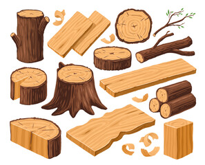 set of wood logs for lumber industry. woodworking concept. tree trunk, stump and planks. woodwork ve