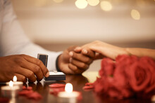Ring, Hands And Engagement With A Couple On A Date And Getting Engaged As Fiance By Candlelight. Love, Question And Marriage With A Proposal Between A Man And Woman In A Restaurant For Romance