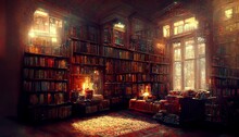 Fantasy Library With Hundreds Of Books In Victorian Mansion