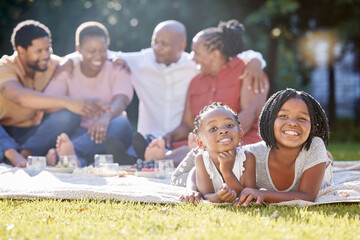 Poster - Food, drink and a family picnic in park with kids, parents and grandparents. Men, women and children relax outdoors in nature. Eating, drinking and laughing, a happy black family outside with girls.