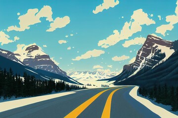Wall Mural - road from banff to columbia icefield, banff national park, alberta, canada, anime style, cartoon sty