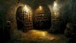 Medieval dungeon and torture chamber with torches and barrels