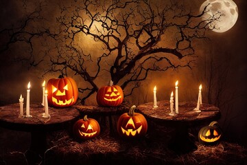 Sticker - Halloween Background - Old Table With Candles And Branches At Spooky Night With Full Moon