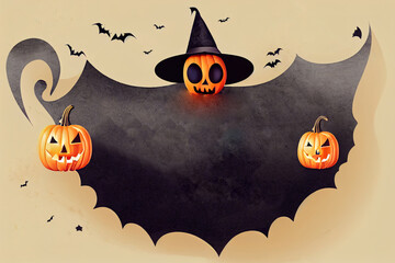 Poster - Halloween background. Place for your text. frame with pumpkin, witch hat, bat candy, cake and spider web. Trick or treat concept. Creative design for invitation and party.