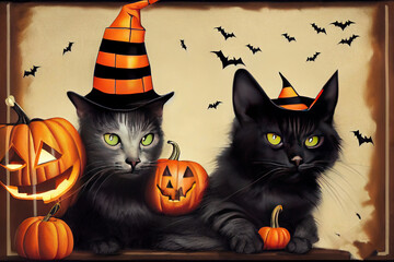 Canvas Print - Halloween cat with hat, 2d cartoony illustration