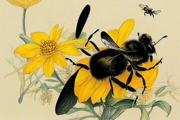 Poster - The bee looking for nectar on the yellow mountain flower, drawing style, hand draw style