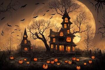 Poster - halloween background with haunted house, full moon, pumpkins and trees