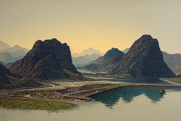 Sticker - Hatta Dam and Mountains view early morning, Hand painting, painting