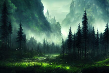 Dark Forest Panorama Fantasy Landscape, Anime Style, Style, Toon,