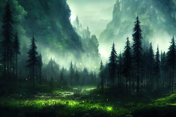 Wall Mural - dark forest panorama fantasy landscape, anime style, style, toon,
