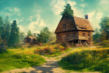 Countryside Old Rural House In The Middle Of The Forest, Like Russian Children's Fairy Tales. Selective Focus., Anime Style, Style, Toon,