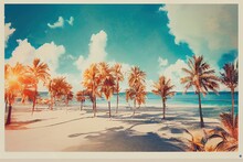 Drawing In The Form Of A Photo. Miami Beach And Palm Trees. Colorful Landscape.