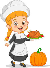 Cute Little Pilgrim Girl Cartoon Holding Roasting Turkey  