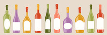 Alcohol Beverages Bottle Different Shapes And Empty Label Set. Various Types Mockup Bottles Red, White, Sparkling Wine Champagne Liquor. Celebration Advertisement Blank Sticker Vintage Design