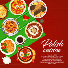 Sticker - Polish cuisine menu cover. Sauerkraut meat stew bigos, schnitzel and coffee, Babka cake, cabbage rolls Golabki and carp fish with sauce, polish sausage soup Bialy Barszcz, potato dumplings Kopytka