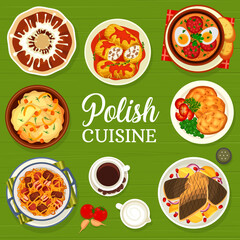 Sticker - Polish cuisine menu cover design template. Carp fish with spice sauce, soup Bialy Barszcz and rolls Golabki, sauerkraut meat stew bigos, polish coffee and Babka cake, dumplings Kopytka, pork schnitzel