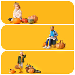 Sticker - Collage of happy children in autumn sweaters and with pumpkins on yellow background with space for text