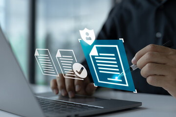Leinwandbilder - Smart Contract. Data Protection and Privacy Policy Concept: A Man Signing a Digital Signature on an Online Business Contract