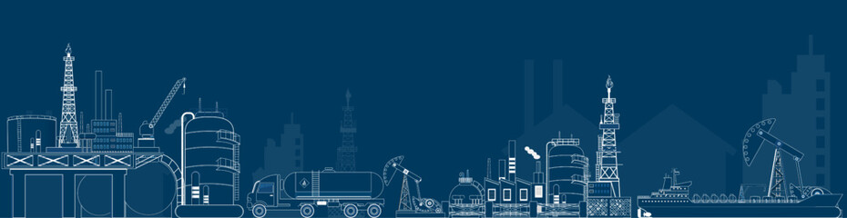 Wall Mural - Gas and oil industry platform Banner with Outbuildings, Oil storage tank and more. Poster Brochure Flyer Design, Vector Illustration eps10