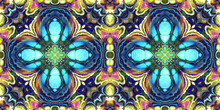 High Contrast Stained Glass Symmetrical Medallions In Blue, Turquoise, Creamy Yellow, Pink And Green