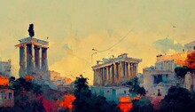 Athens Landmark , Athenian Temples And Streets ,Painting Illustration