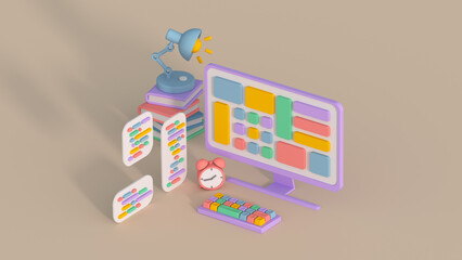 Web development and coding concept isometric cartoon 3D render illustration