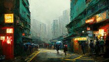 Hong Kong City Street, HongKong Painting Illustration