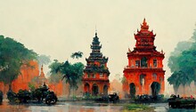 Vietnam Ancient Landmarks Painting Illustration , Vietnamese Temple Architecture