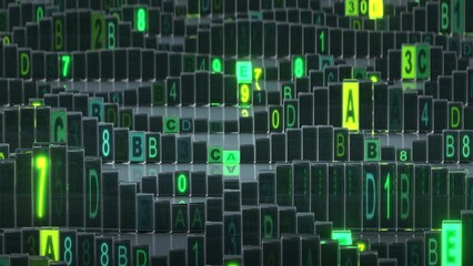 Abstract glowing coding and digital data background. Internet technology concept. Seamless loop 3D animation