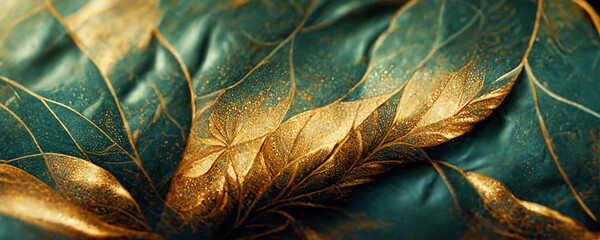 Spectacular realistic detailed veins and half green and gold abstract close-up, leaf covered with gold dust. Digital 3D illustration. Macro artwork.