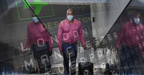 Canvas Print - Digital illustration of man wearing coronavirus Covid19 mask over an airport flight schedule