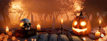 Seasonal Background With Carved Pumpkin, Skull And Candles In A Creepy Churchyard. Halloween Concept.