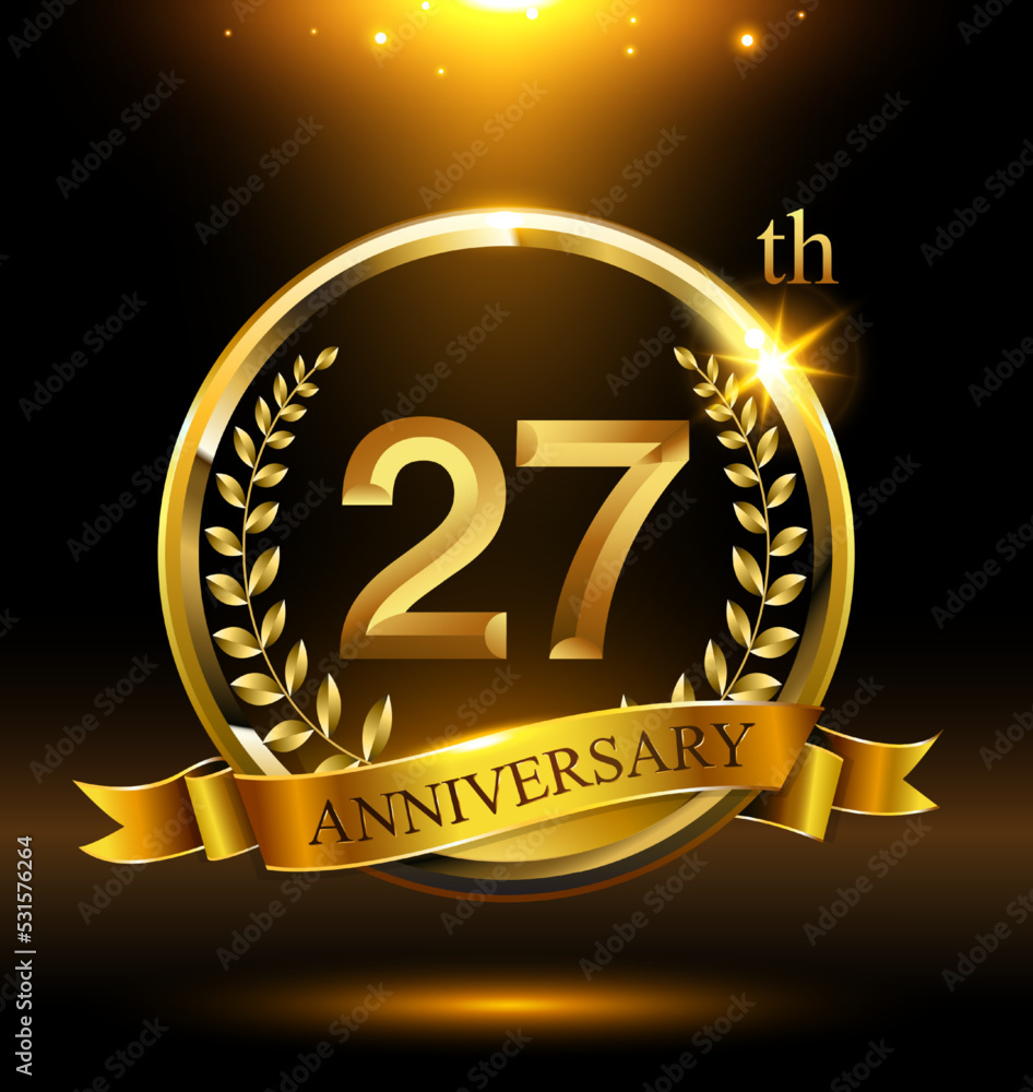 27th golden anniversary logo with ring and ribbon, laurel wreath Stock ...