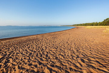 Empty and sandy Tulliniemi beach in Hanko, Finland, at a sunny morning in the summer.