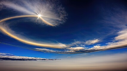 A shining trail in the sky.
A ball of light that looks like a washing cloud doing a circular motion on an oval. Concept art.