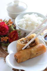 Wall Mural - Chinese food, homemade spring roll dim sum served with rice