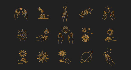 Wall Mural - Aesthetic astral hands. Collection of cosmic and celestial elements with sun, moon and stars. Isolated editable linear vectors.
