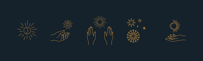 Wall Mural - aesthetic hands and cosmic and celestial elements. universal cosmos related icons. linear vector ill